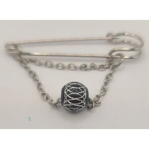 Vintage Silver Tone Safety Pin Brooch Blue Diamond Cut Bead Double Chain Kitsch